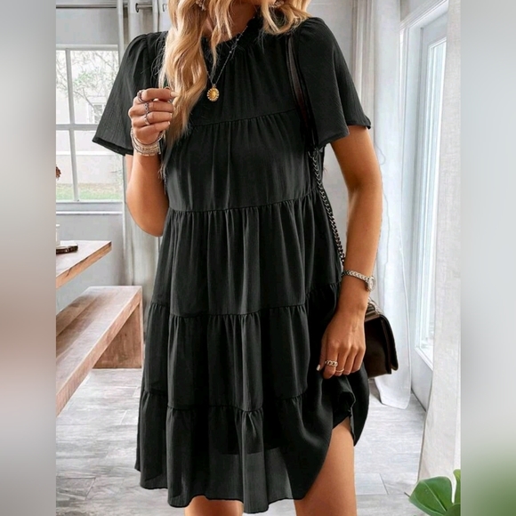 * New Boho Chiffon Tiered Ruffle Short Sleeve Dress Tie Bow Back Black - Picture 5 of 8